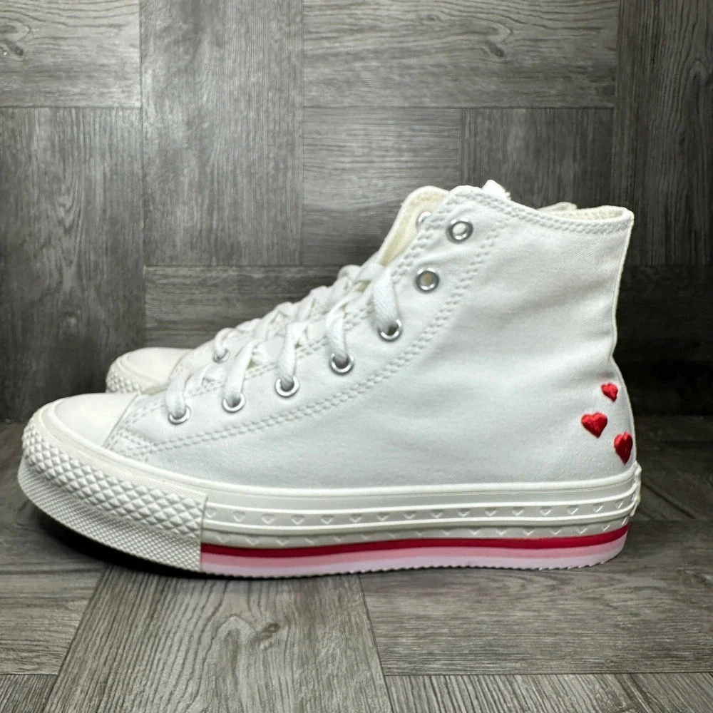 Converse High Top Sneakers Kids 3 White Heart Platform Canvas NEW A10716C